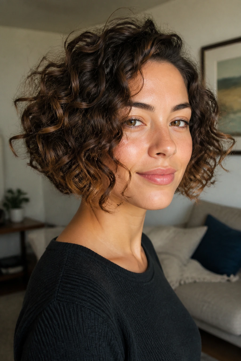 Close-up portrait of a woman with curly inverted bob