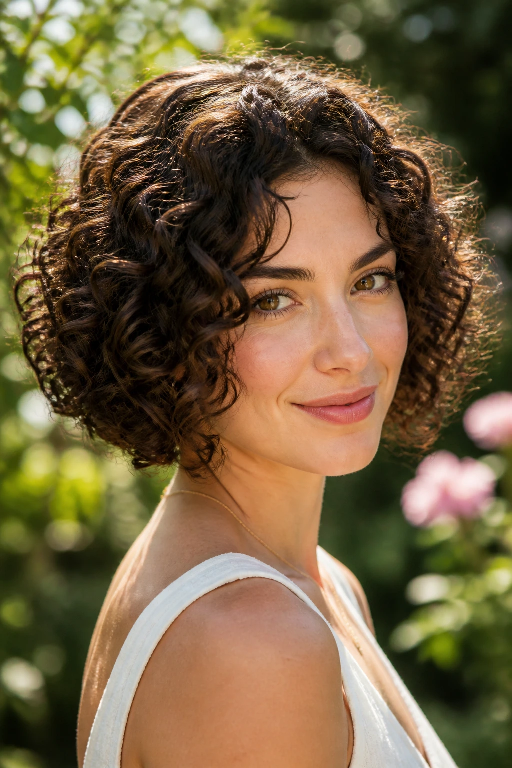 Close-up of a real woman with a curly inverted bob
