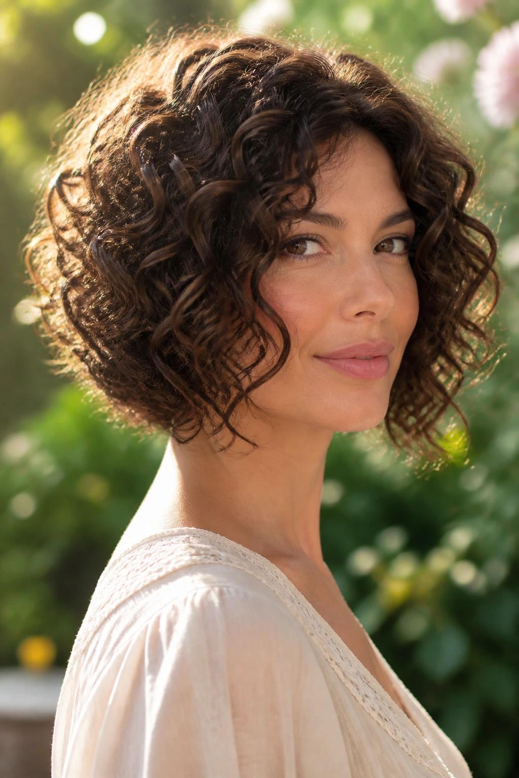 Close-up of real woman with curly inverted bob, showing front length past the chin.
