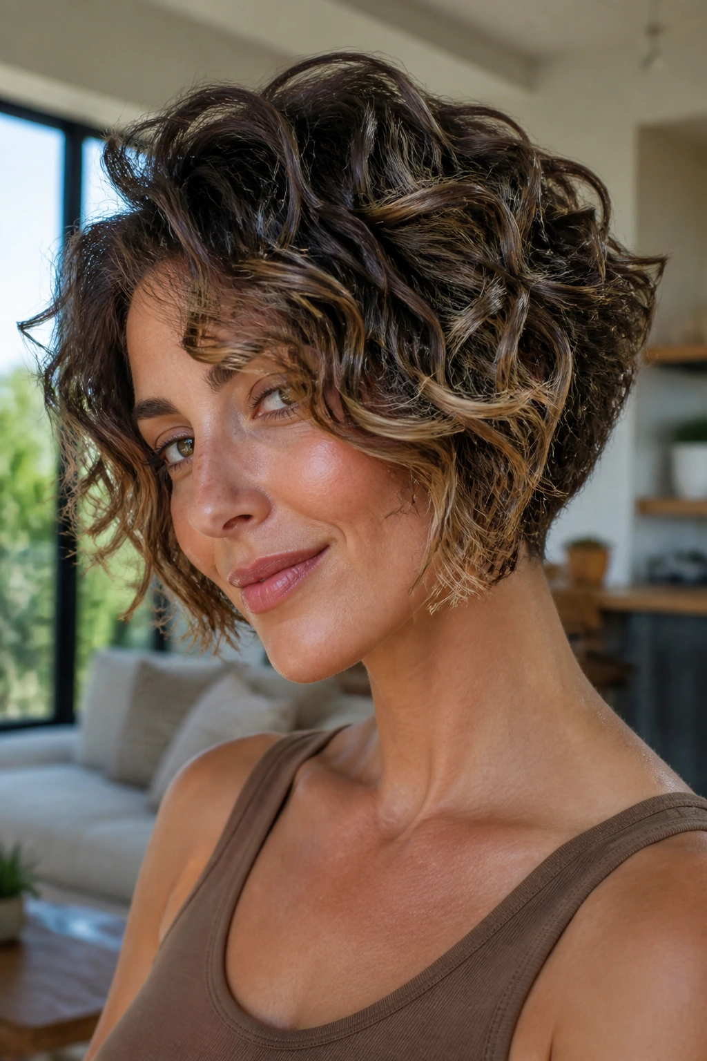 Close-up portrait of a real woman with curly inverted bob and highlighted ends