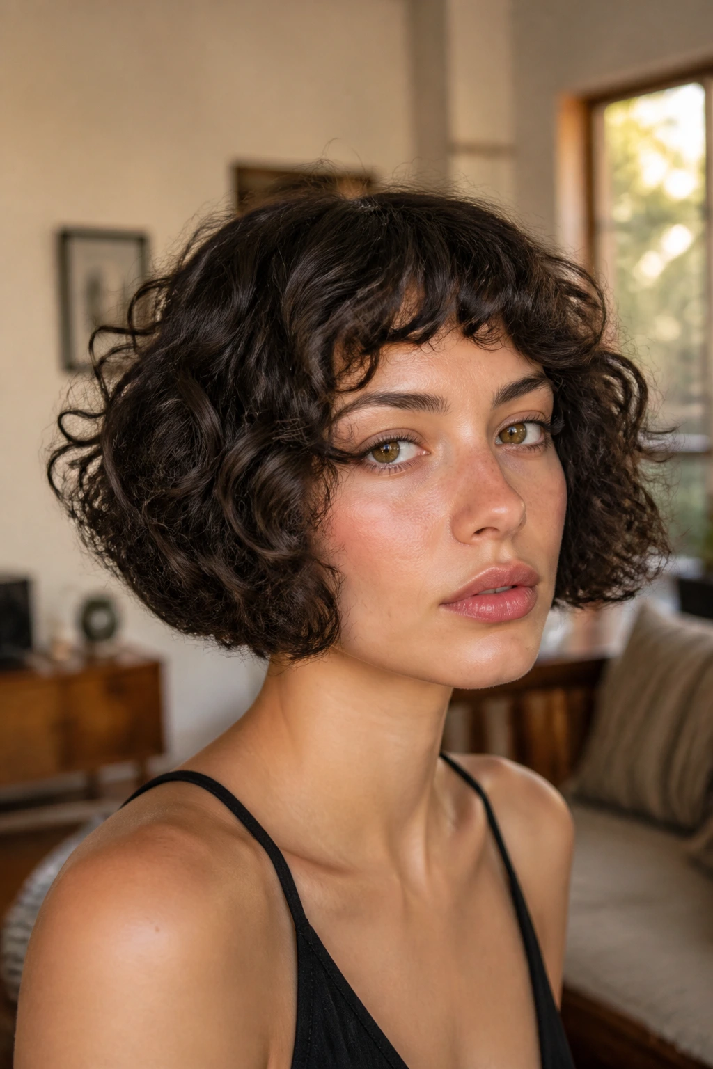 Close-up of a real person with The Curly Inverted Bob with Micro-Bangs framing the eyes