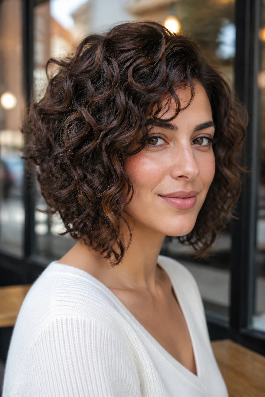 Close-up of real woman with curly inverted lob under soft outdoor daylight