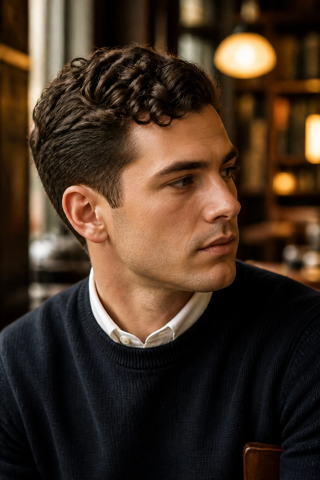 Close-up of a real man with curly Ivy League haircut in a cozy cafe