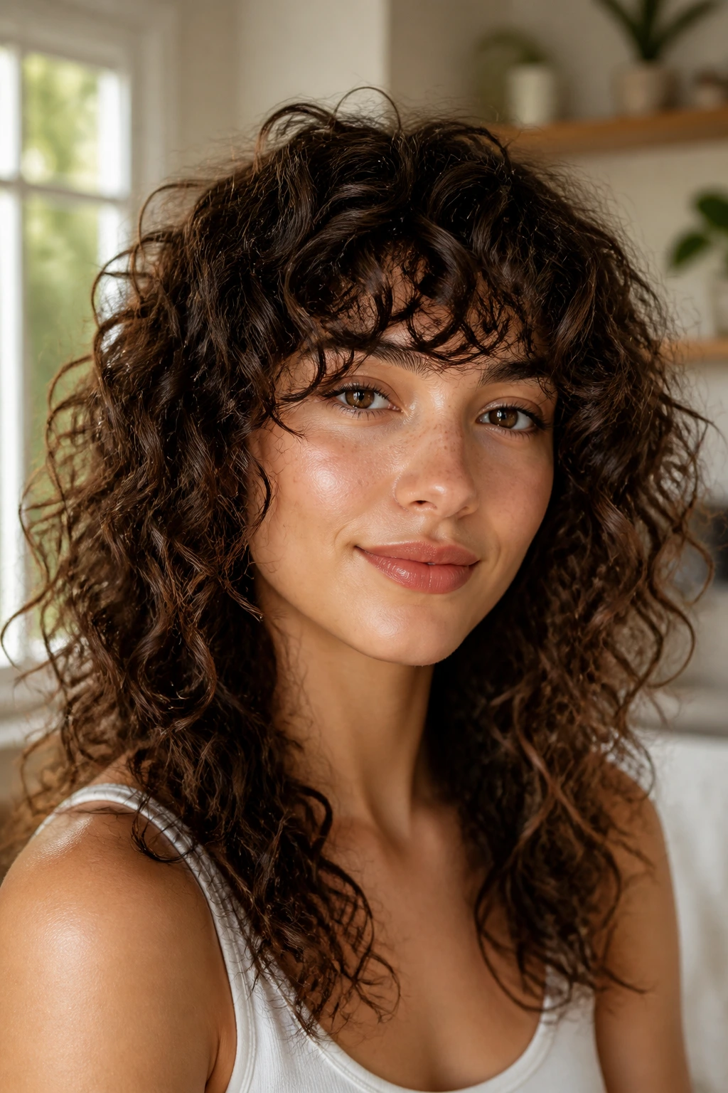 Close-up of a real person with curly layered bangs at eyebrow level
