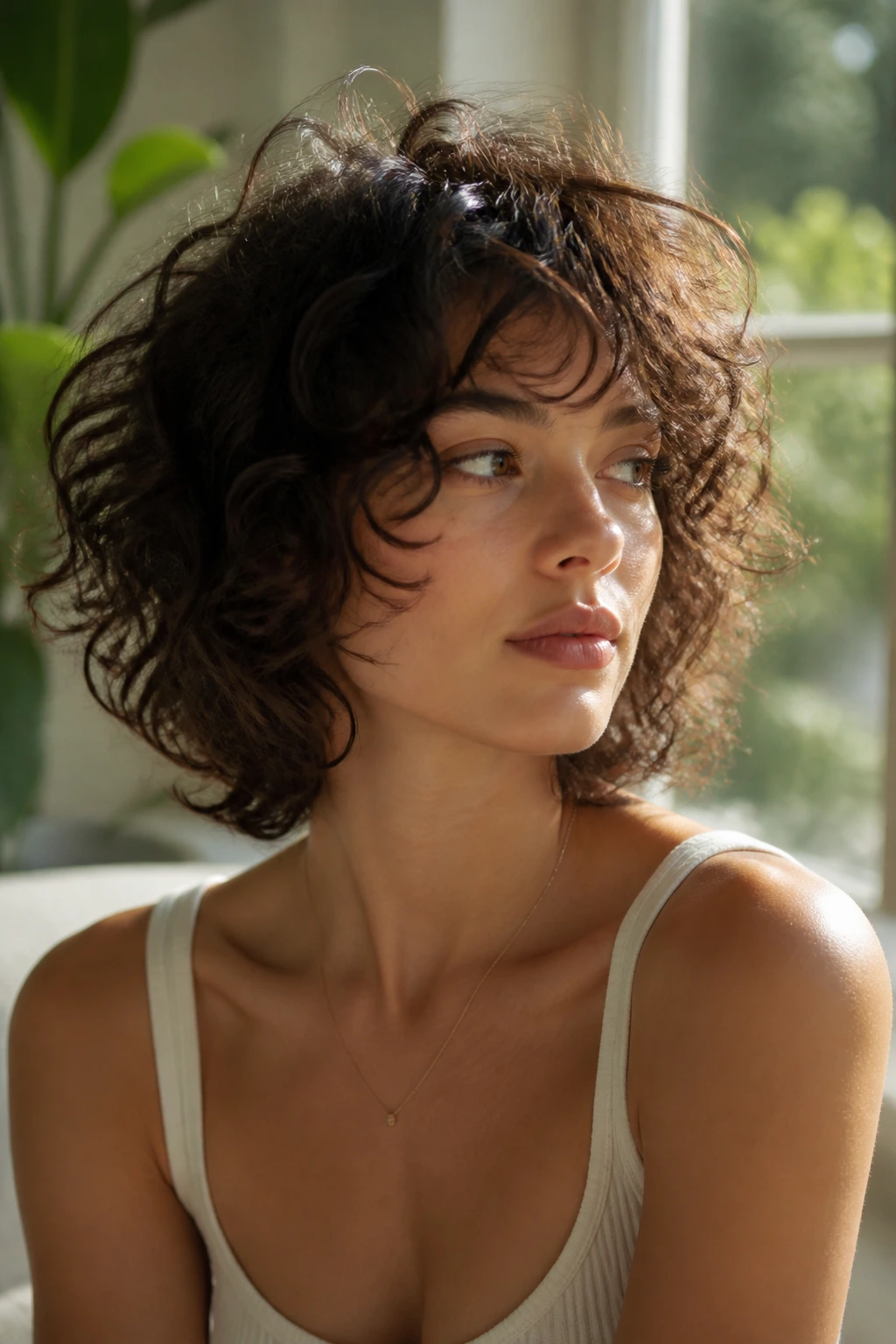 Close-up of layered curly hair with feathered ends on a real person in a sunlit room.