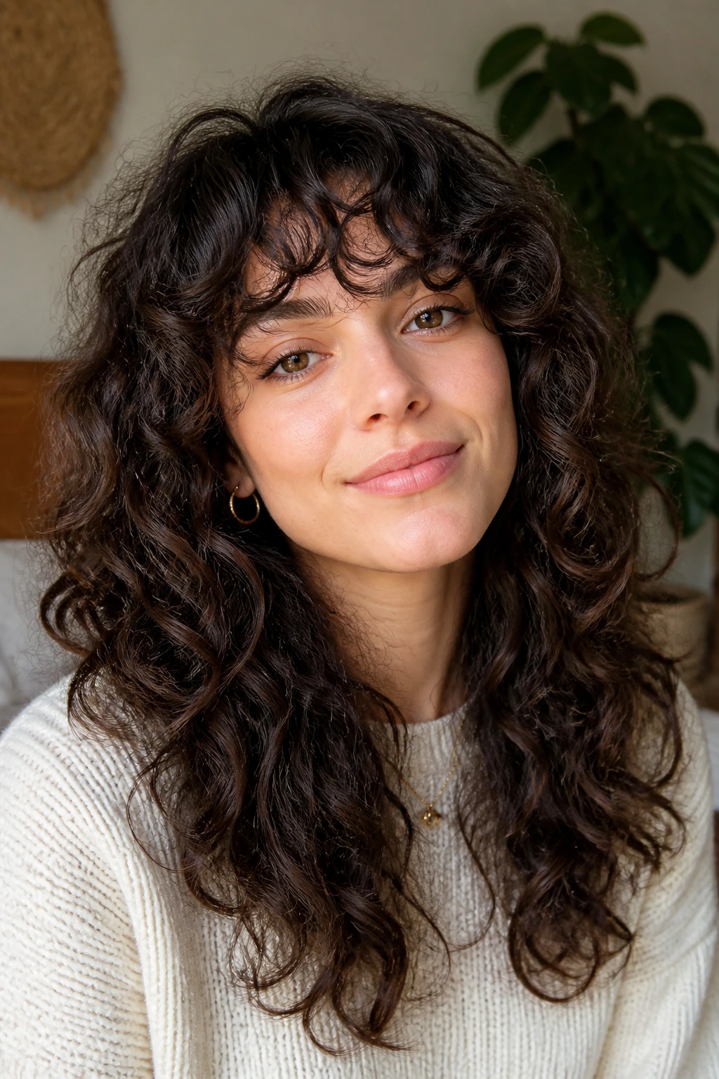 Close-up of a person with curly layered hair and soft fringes in a cozy room