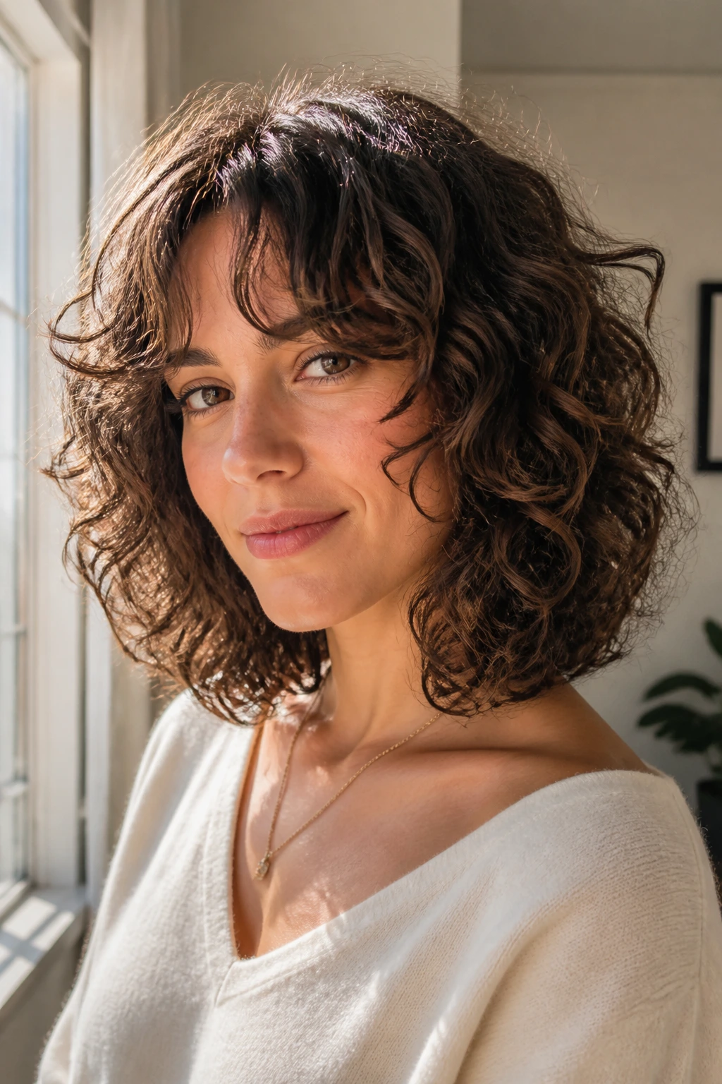 Close-up of a real woman with a curly lob and curtain bangs in a sunny window-lit room