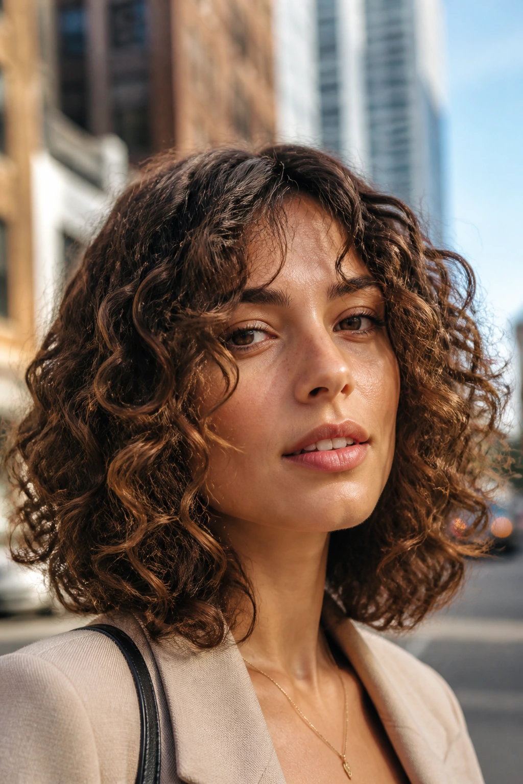 Close-up portrait of a real woman with a curly lob and face-framing layers