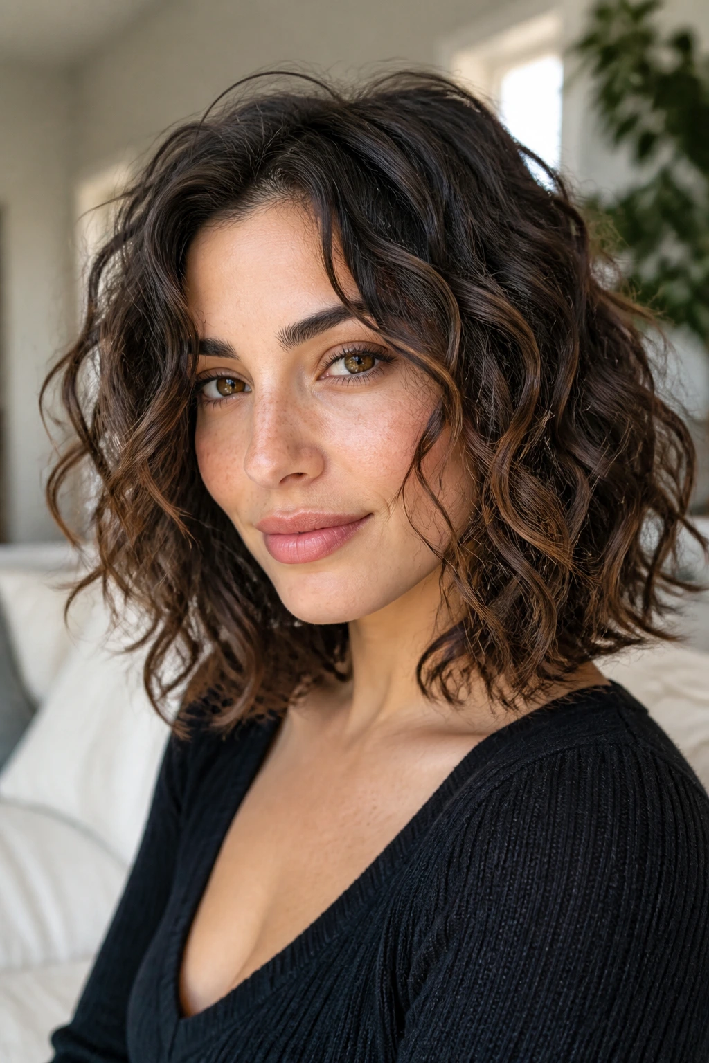 Close-up portrait of a real woman with a curly lob and face-framing pieces.