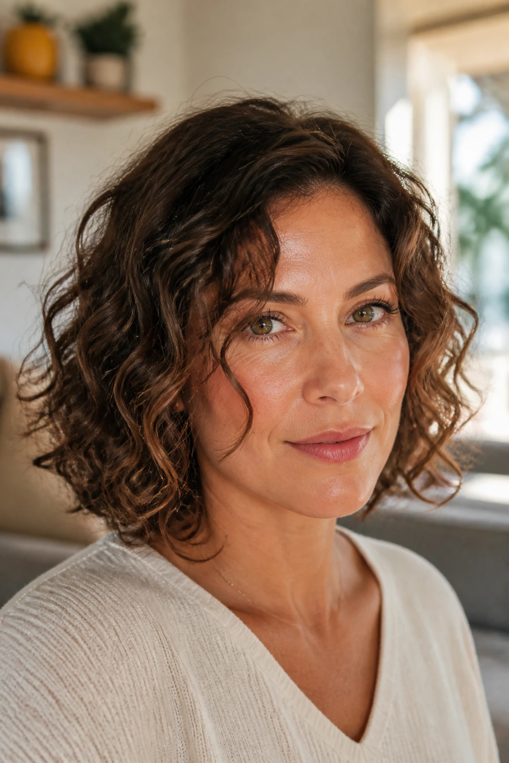 Close-up of a woman with a curly lob and face-framing tendrils in a sunlit room