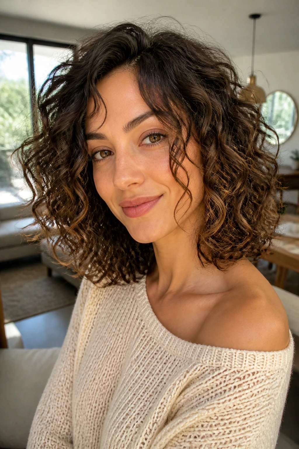 Portrait of a woman with a curly shoulder-length lob and face-framing tendrils