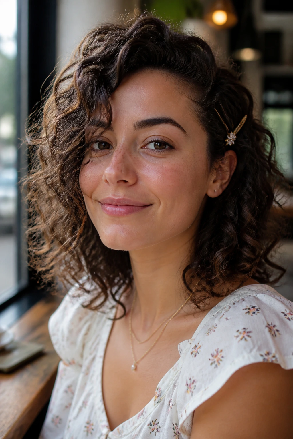 Close-up of a real woman with curly lob faux side-part hairstyle
