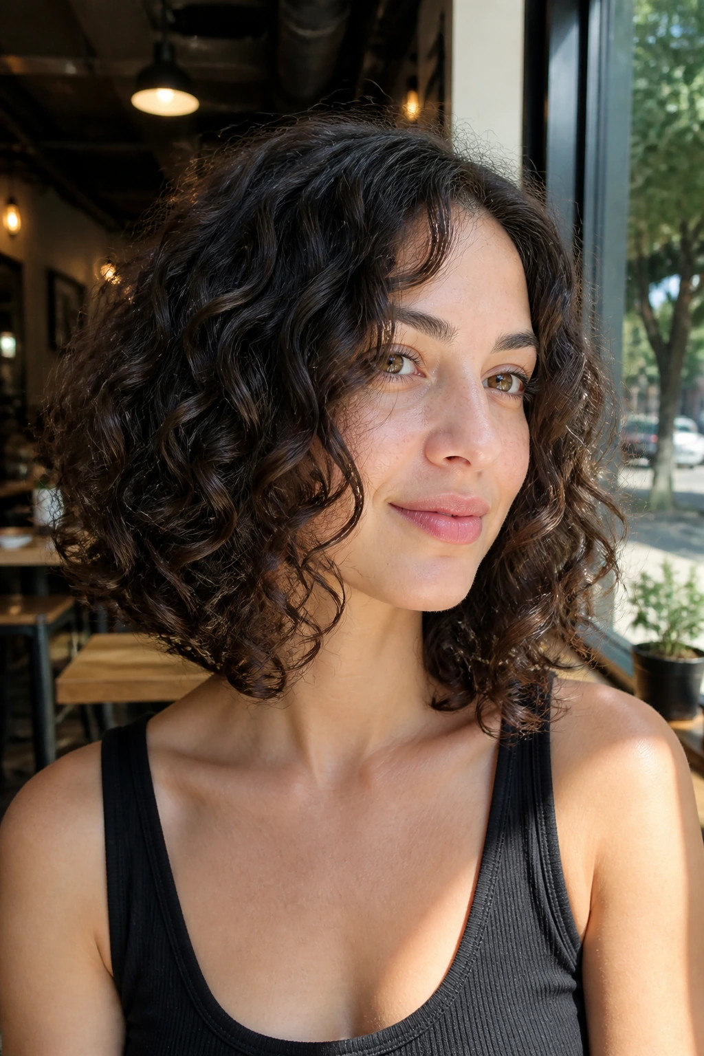 Medium close-up of a woman with a curly lob inversion
