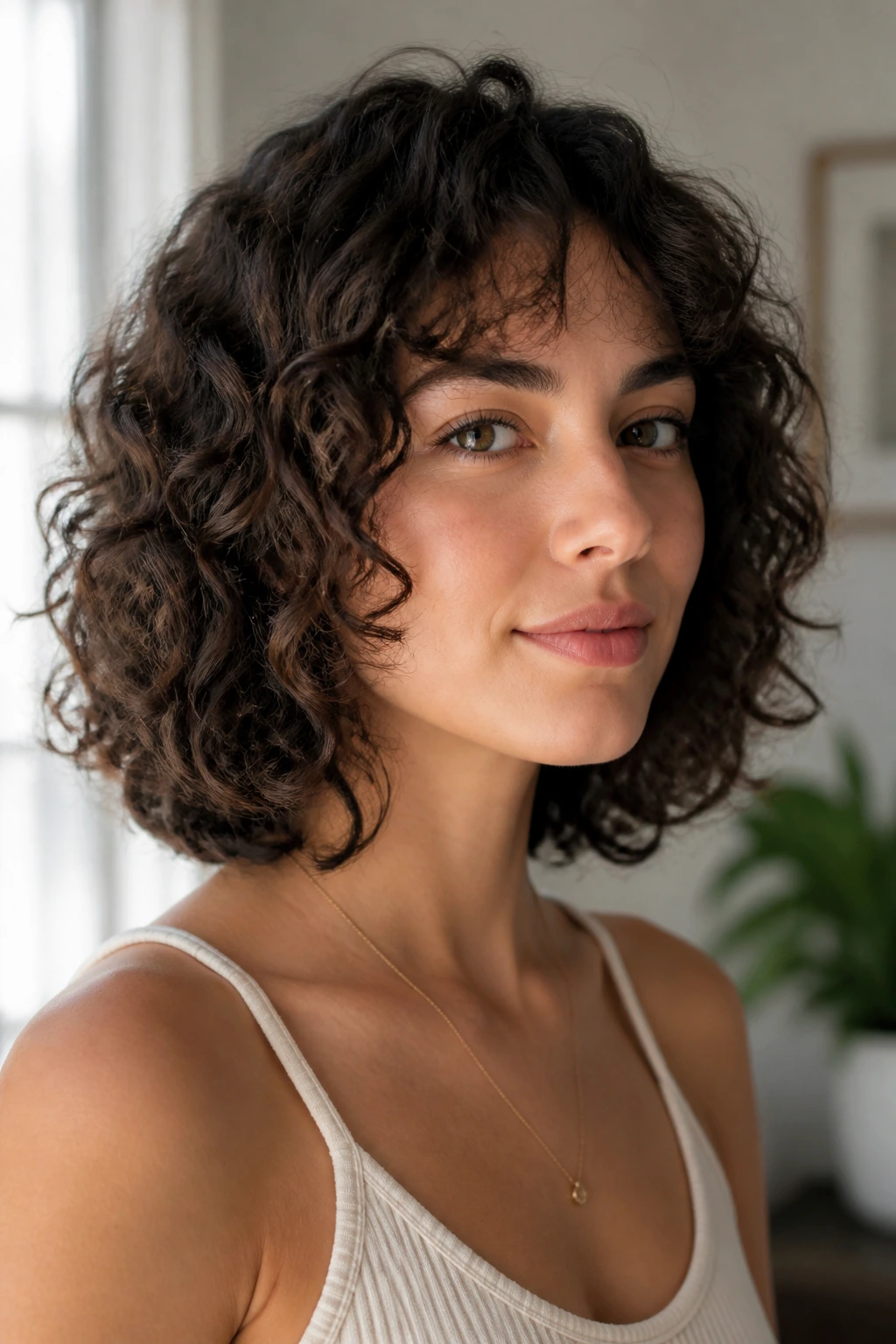 Close-up of a real person with curly lob long bob