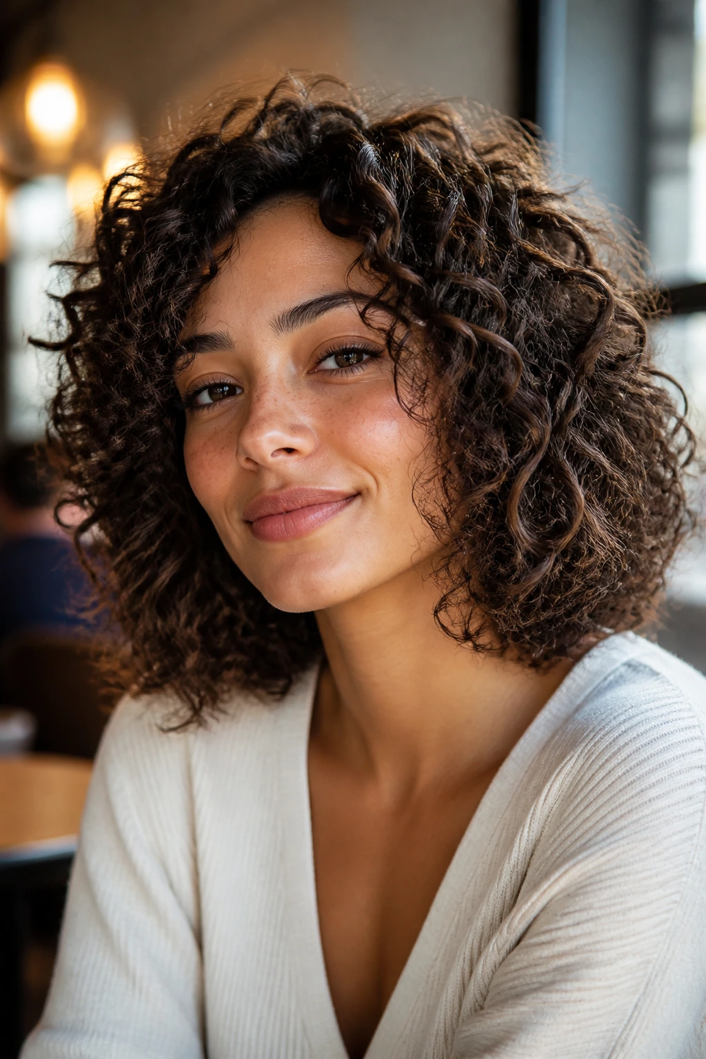 Portrait of a real person with shoulder-length curly lob and bounce