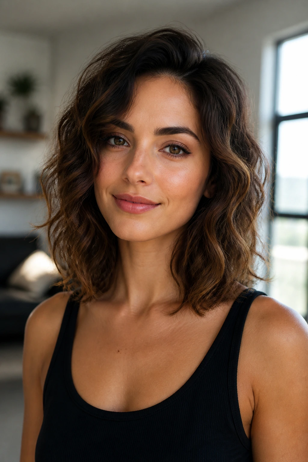 Close-up of a real woman with curly long bob in a sunlit living room