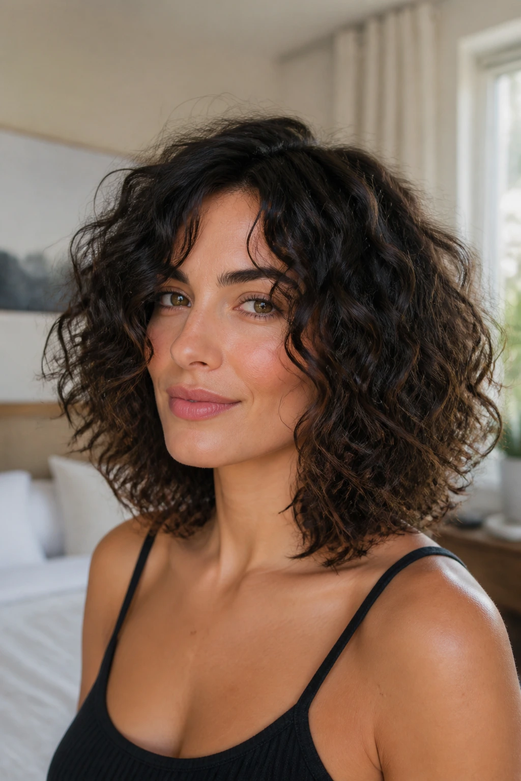Medium close-up of a woman with a curly lob haircut in a sunlit bedroom.