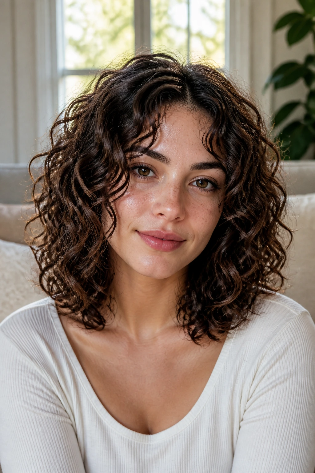 Curly shoulder-length layered lob on a real woman with balanced curls