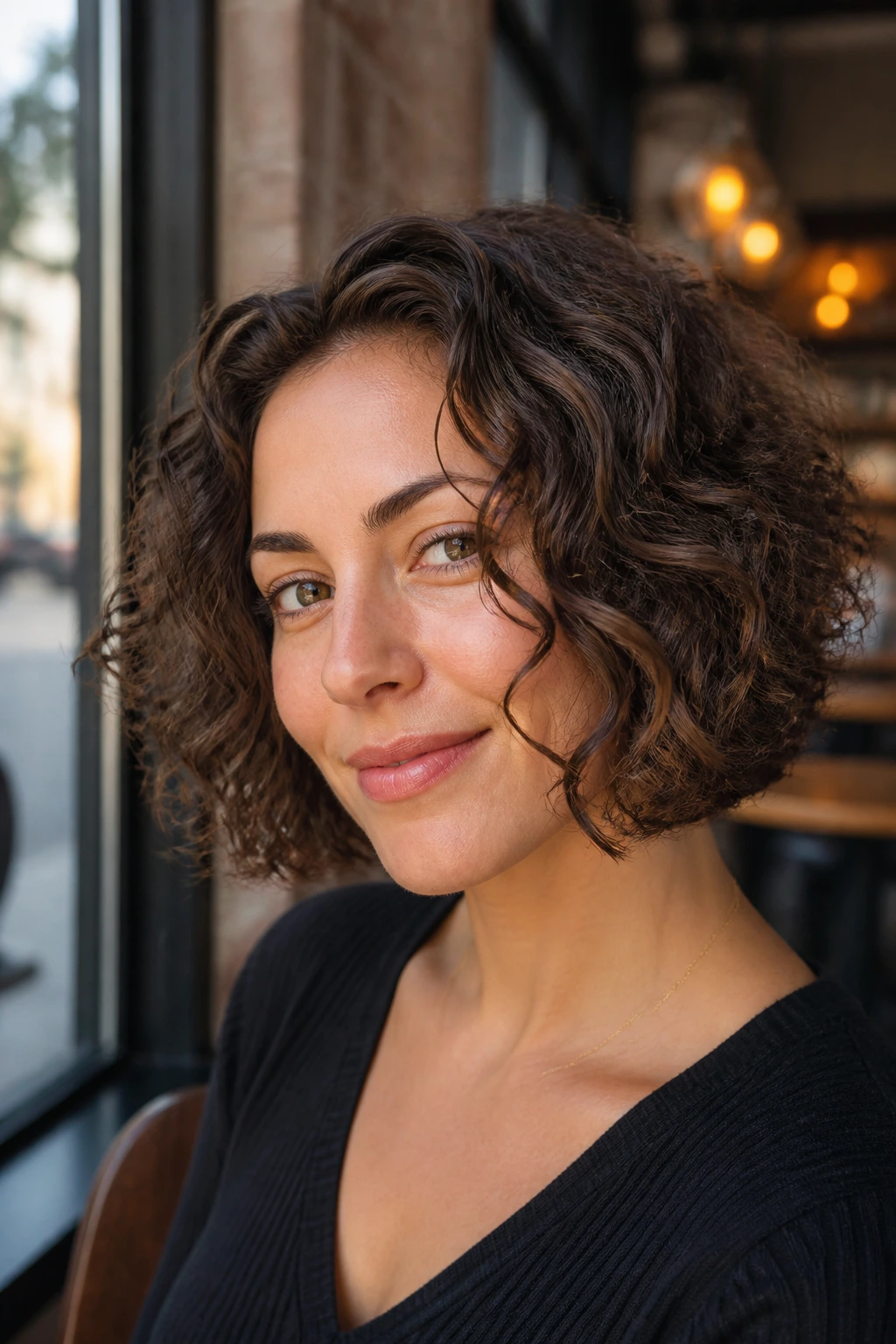 Close-up of a real person with curly lob-stack hairstyle in a cafe