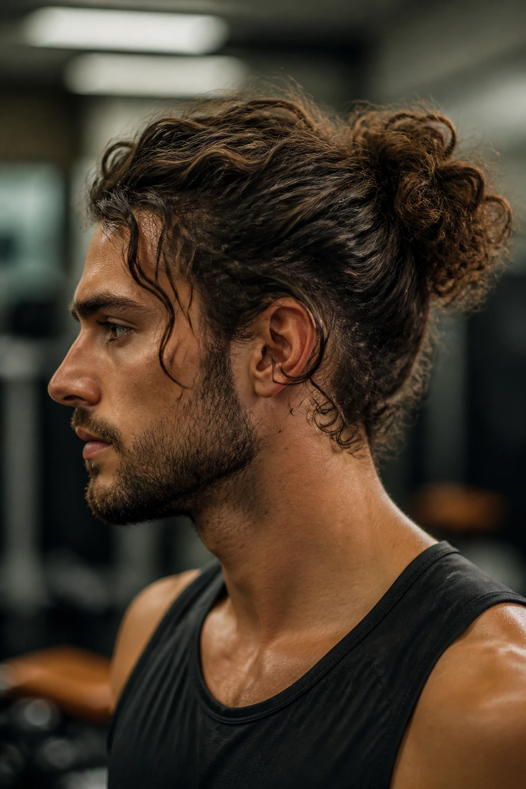 Close-up of a real man with a loose curly bun.