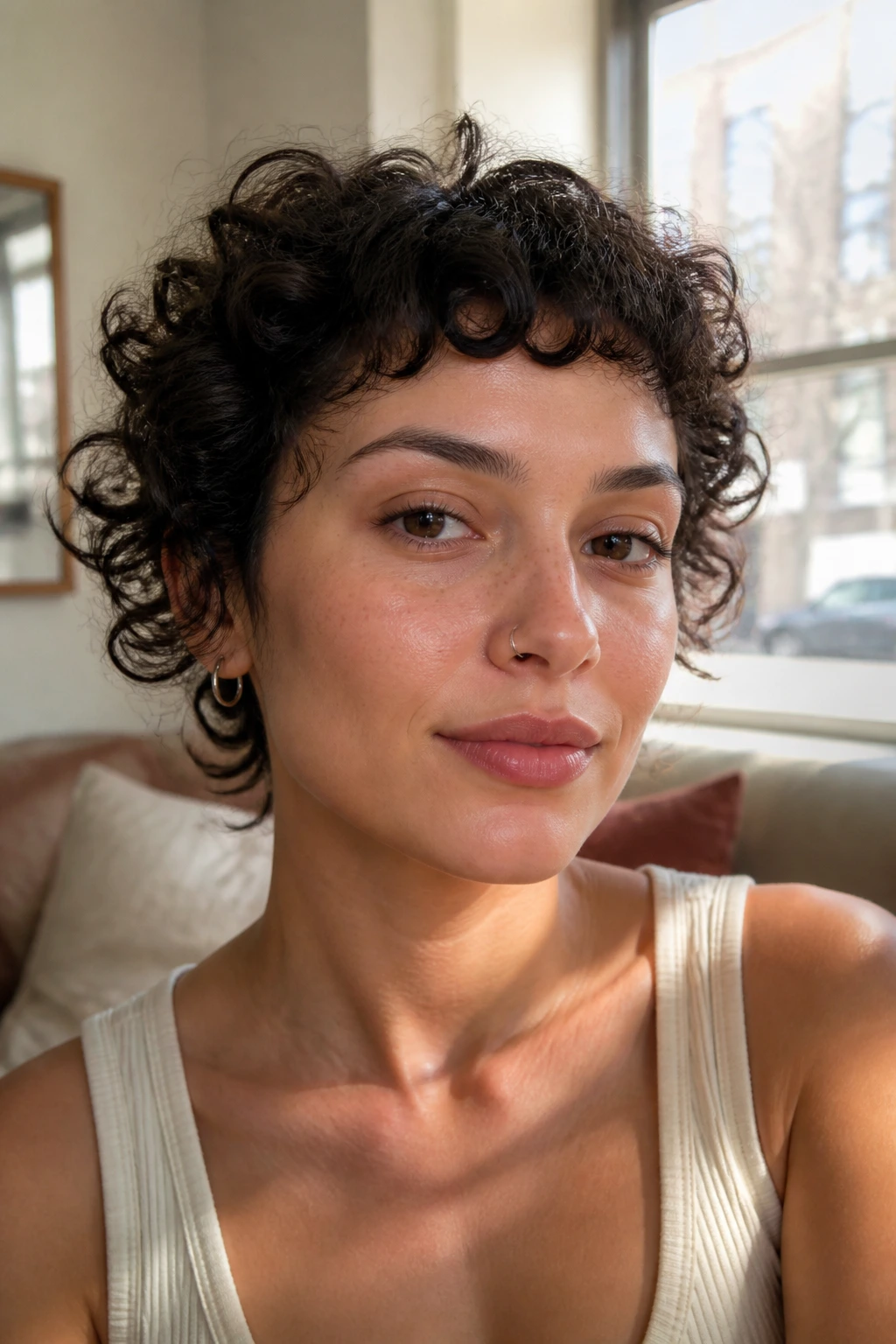 Close-up of a real woman with curly micro bangs in soft window light