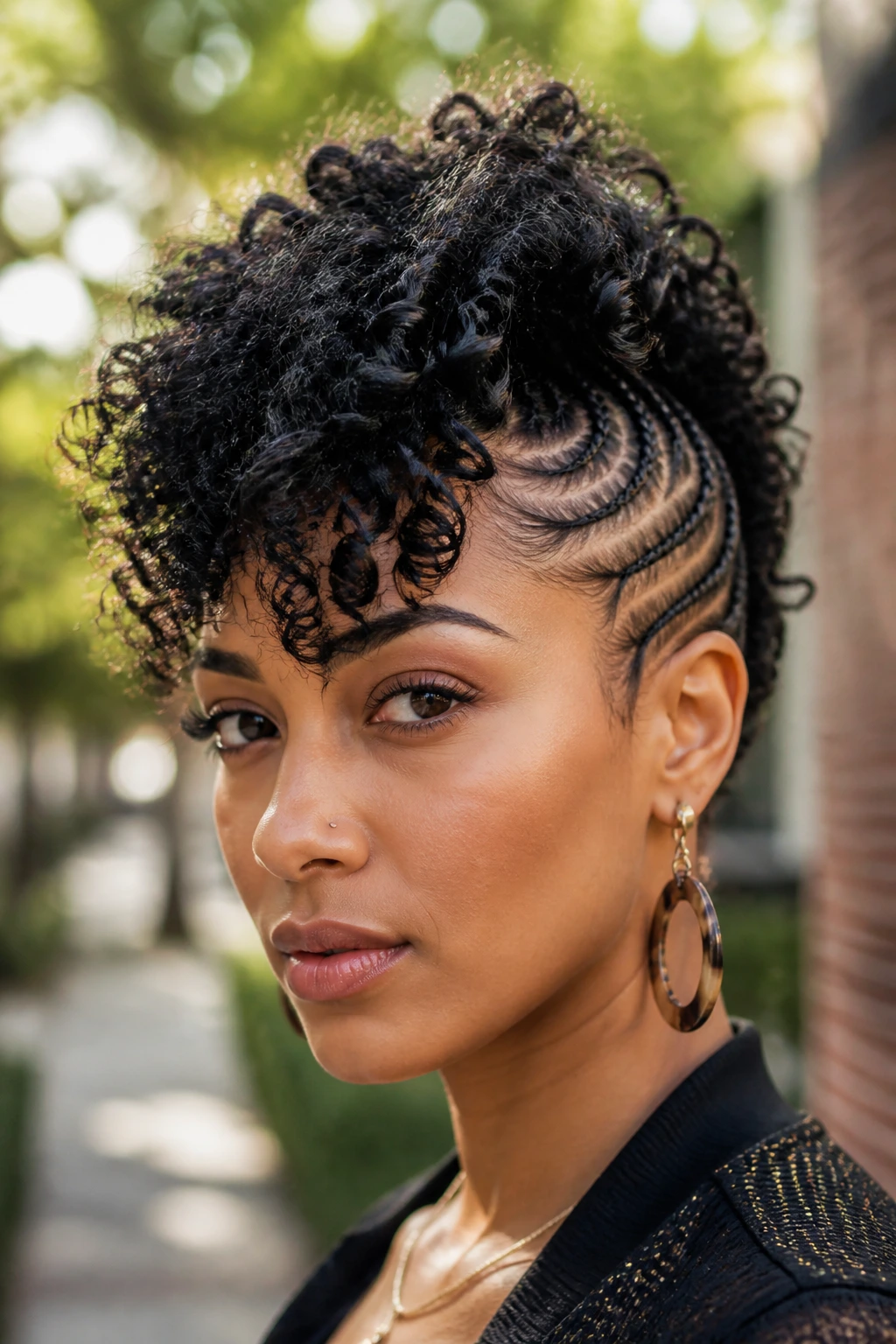 Close-up portrait of a real person with curly Mohawk and braided sides.
