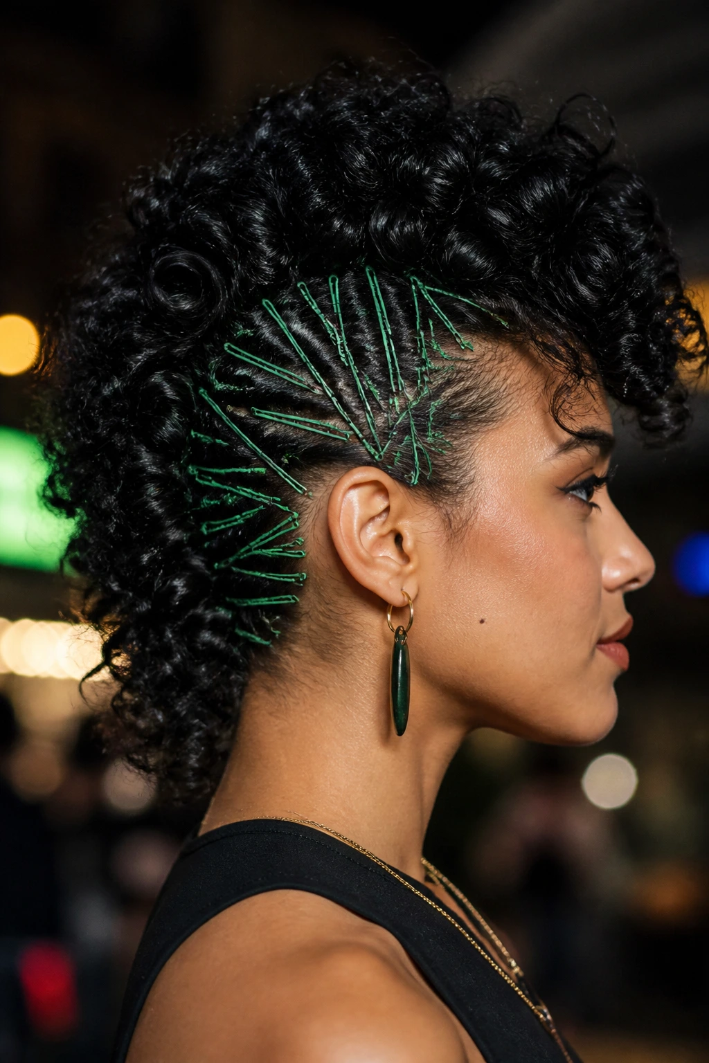 Profile of a real person with a curly mohawk created by emerald pins