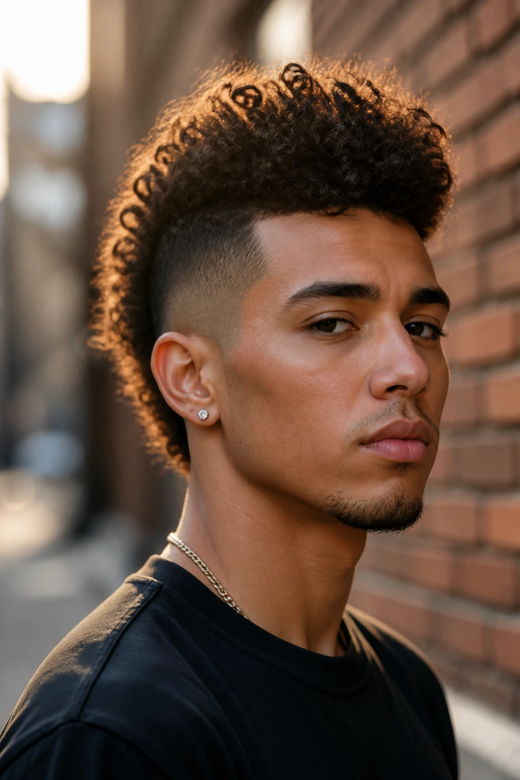 Close-up of a real man with a curly Mohawk fade in an urban setting