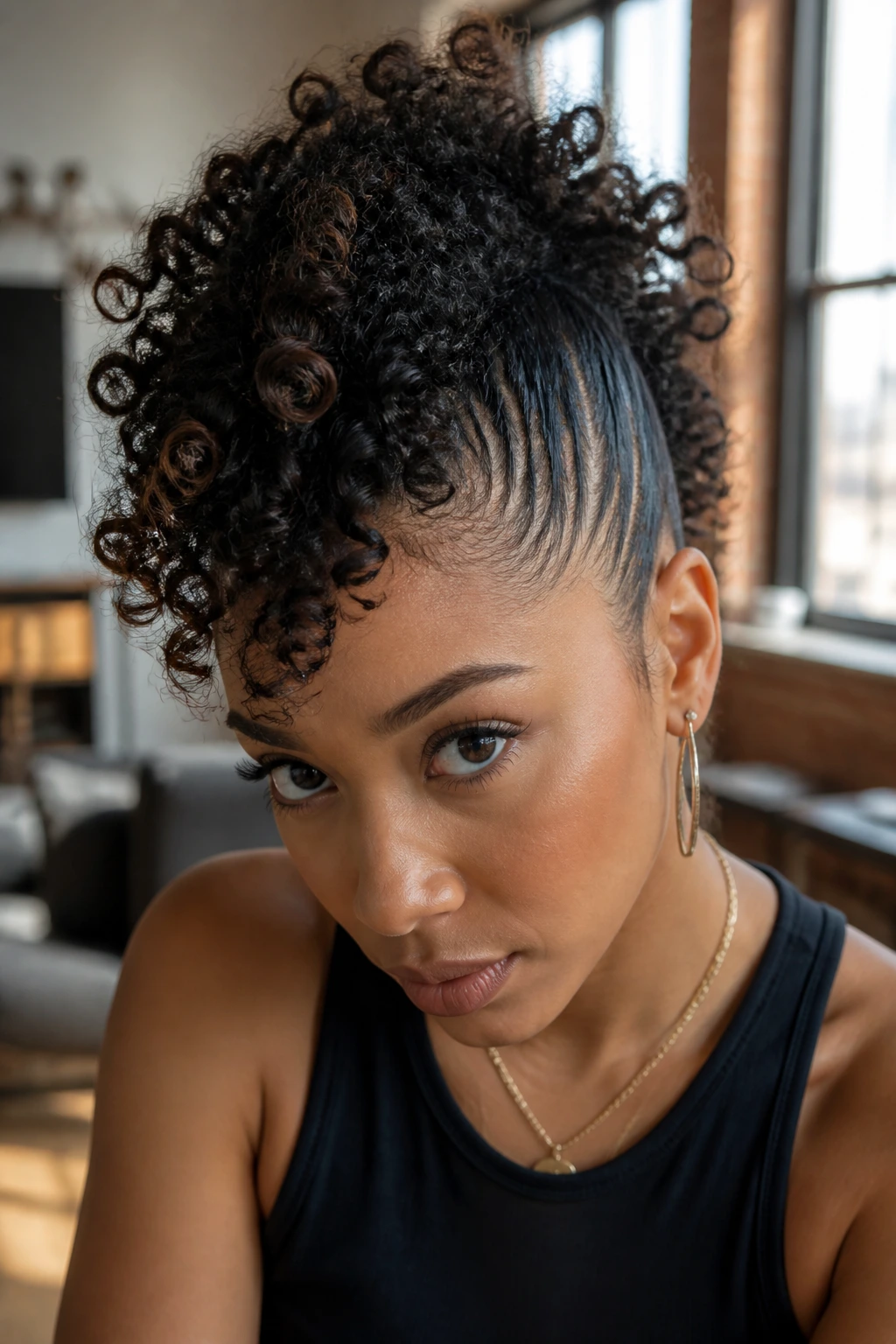Close-up portrait of a real person with a curly Mohawk hairstyle