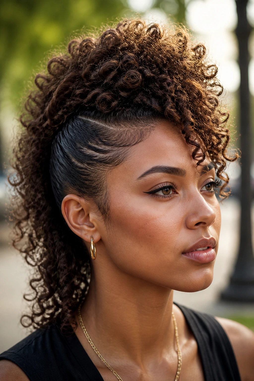 Close-up of a real person with a curly Mohawk hairstyle