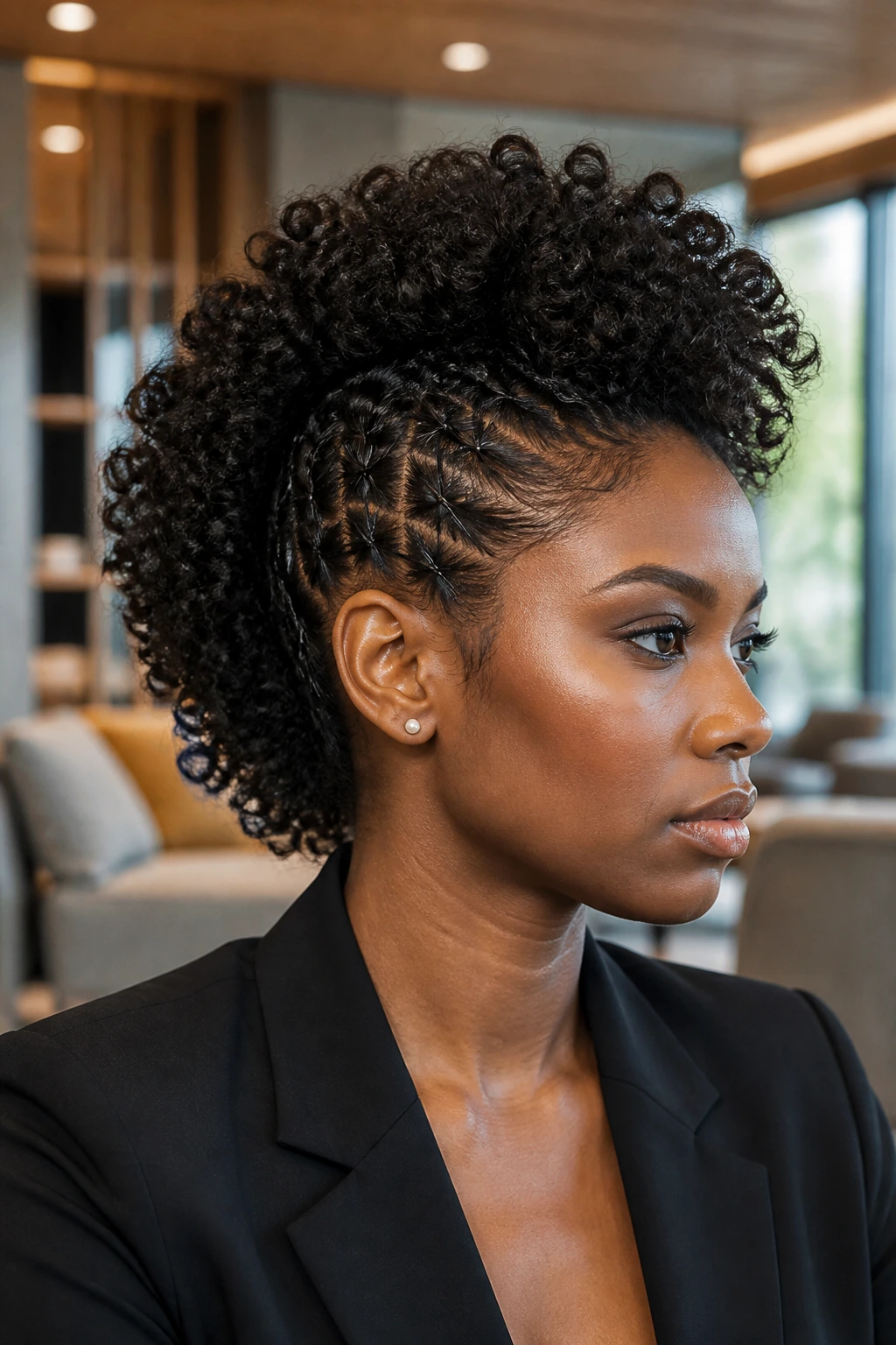 Close-up portrait of a real person showing a pinned voluminous curly mohawk in an office setting