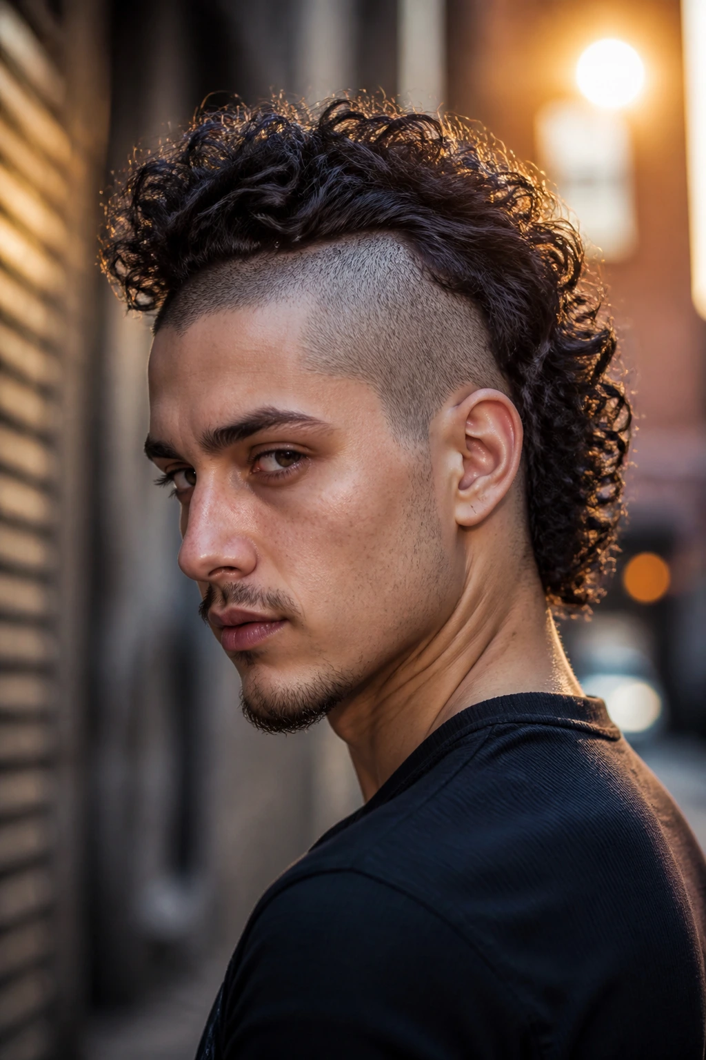 Close-up of a real person with a curly mohawk in an urban setting
