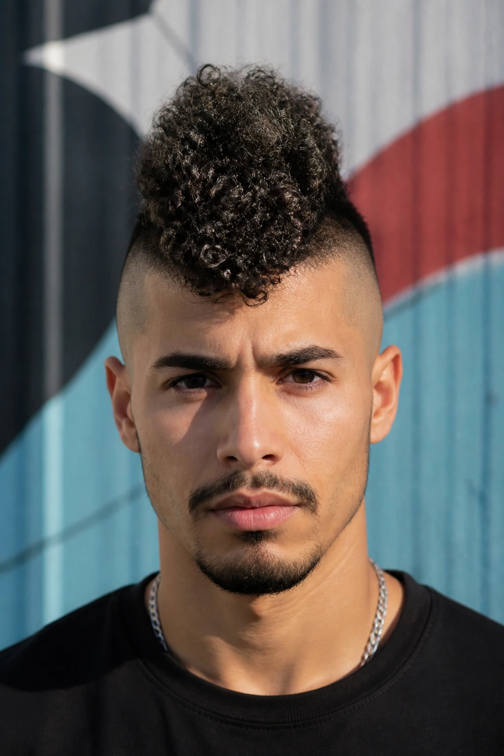 Portrait of a real man with a curly mohawk and faded sides.