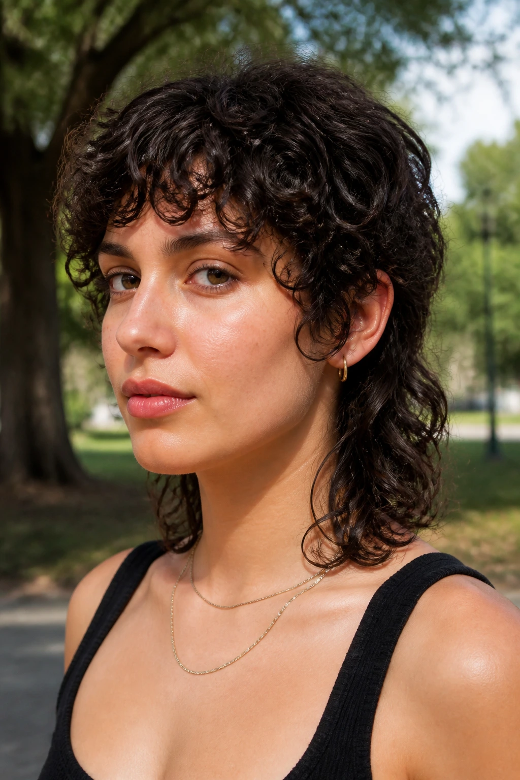 Close-up portrait of a person with curly mullet-bob hybrid and micro-bangs in daylight