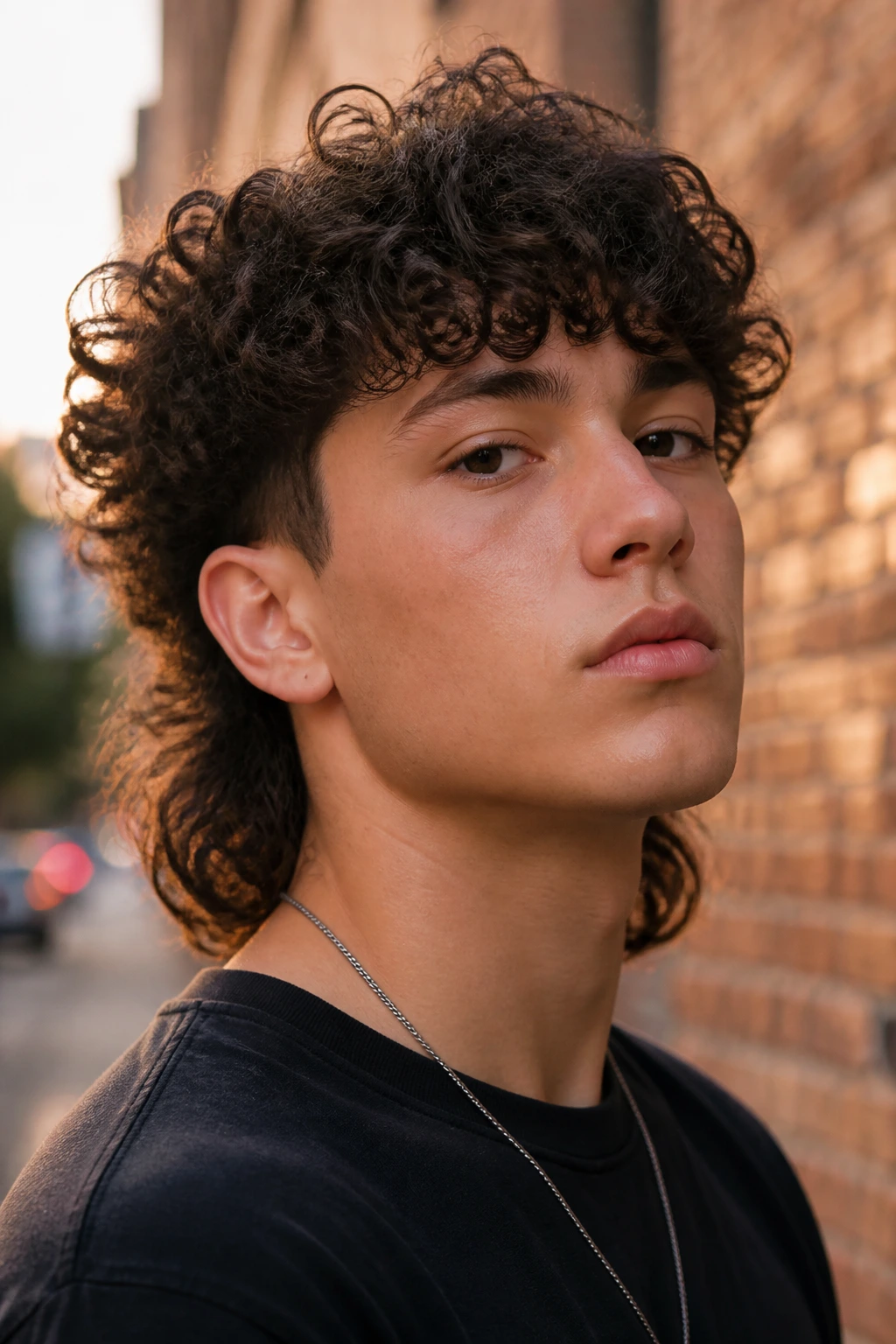Portrait of a real person with a curly mullet hairstyle against a brick wall.