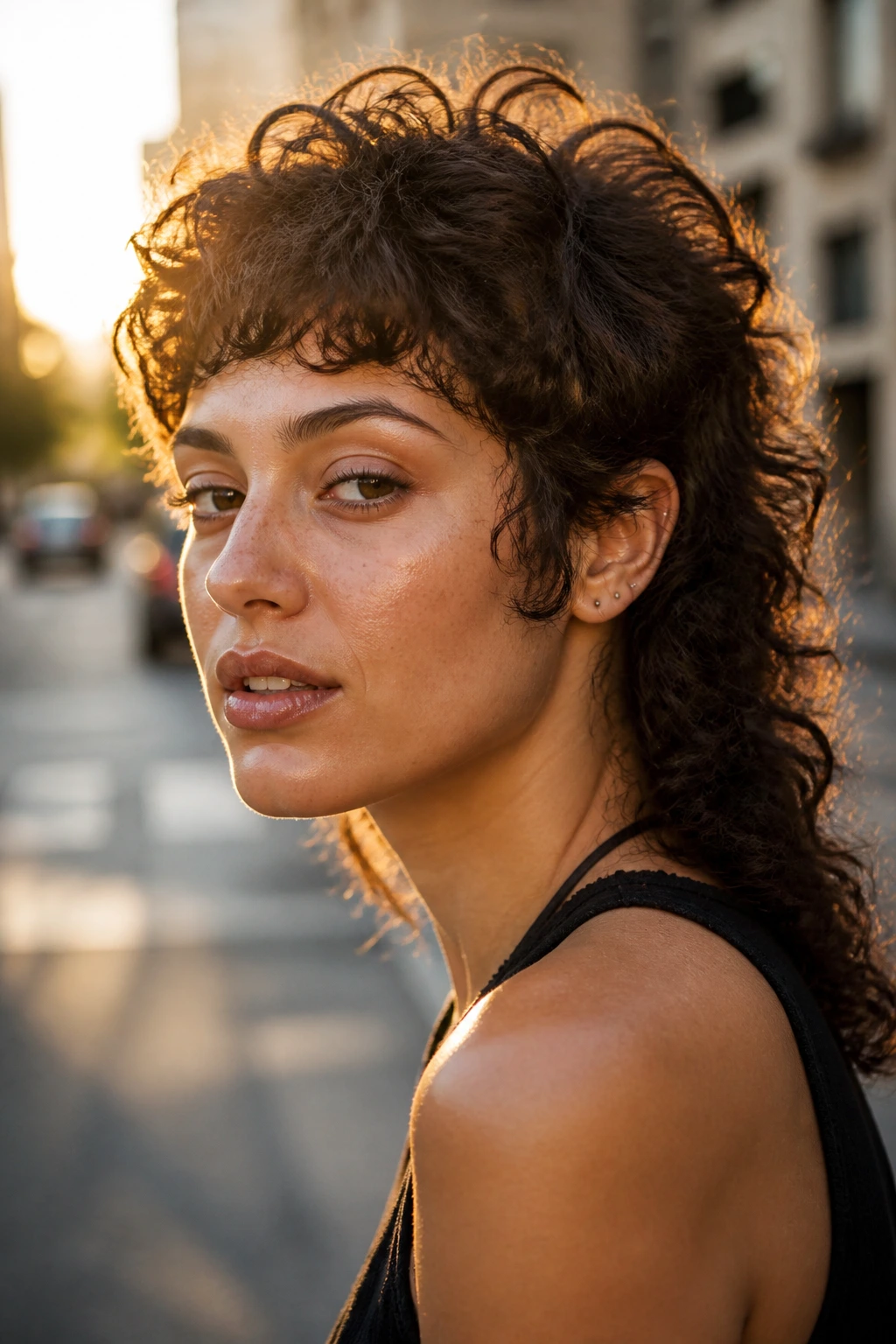 Close-up of a woman with curly mullet hairstyle on a sunny city street