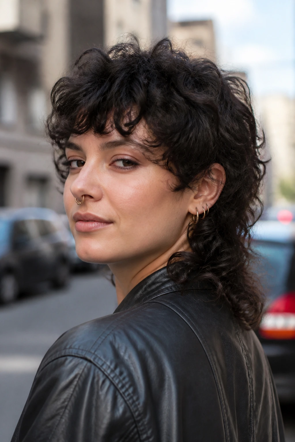 Medium close-up of a real person showing a curly textured mullet.
