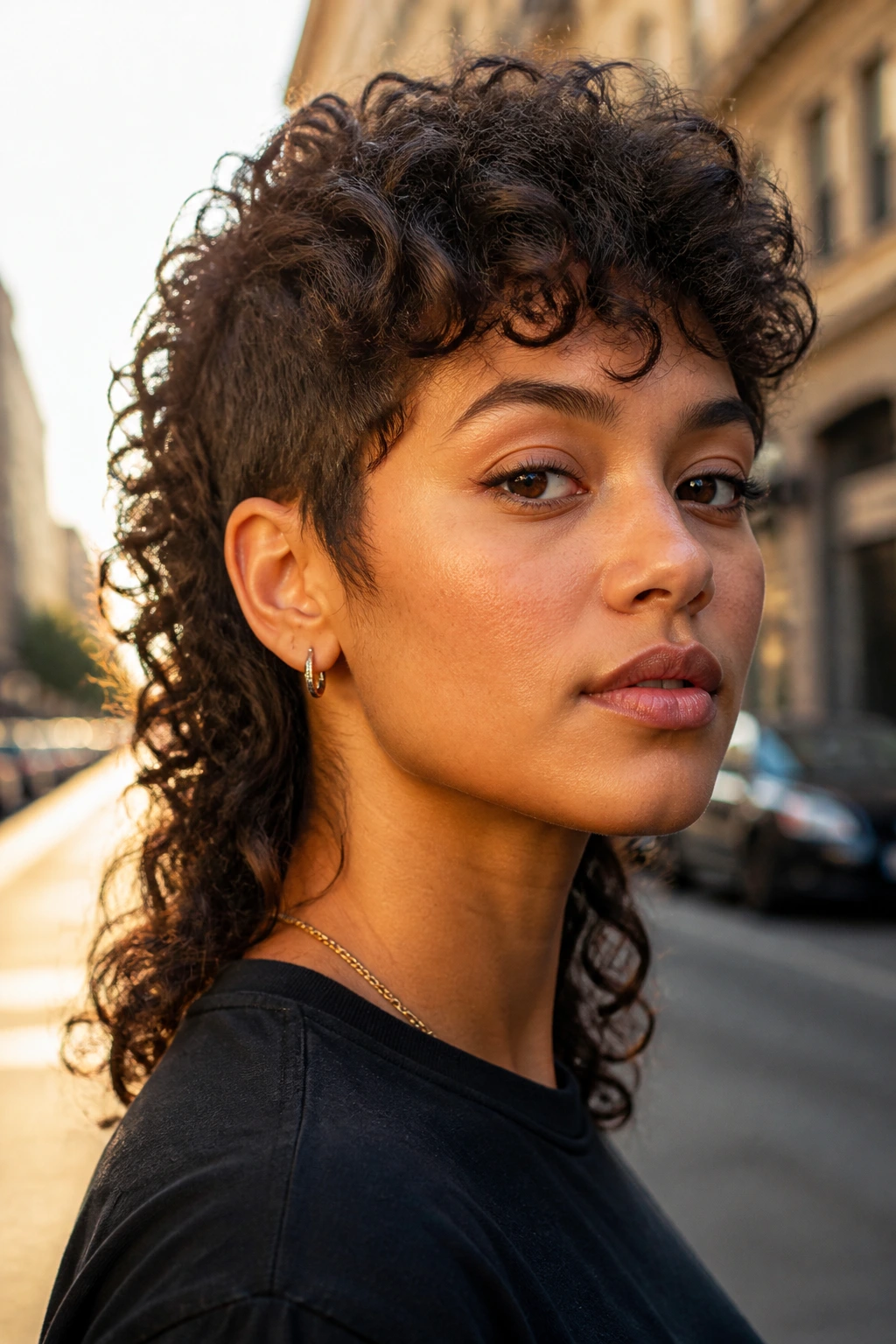 Close-up of a real woman with a curly mullet hairstyle in natural golden-hour light outdoors.