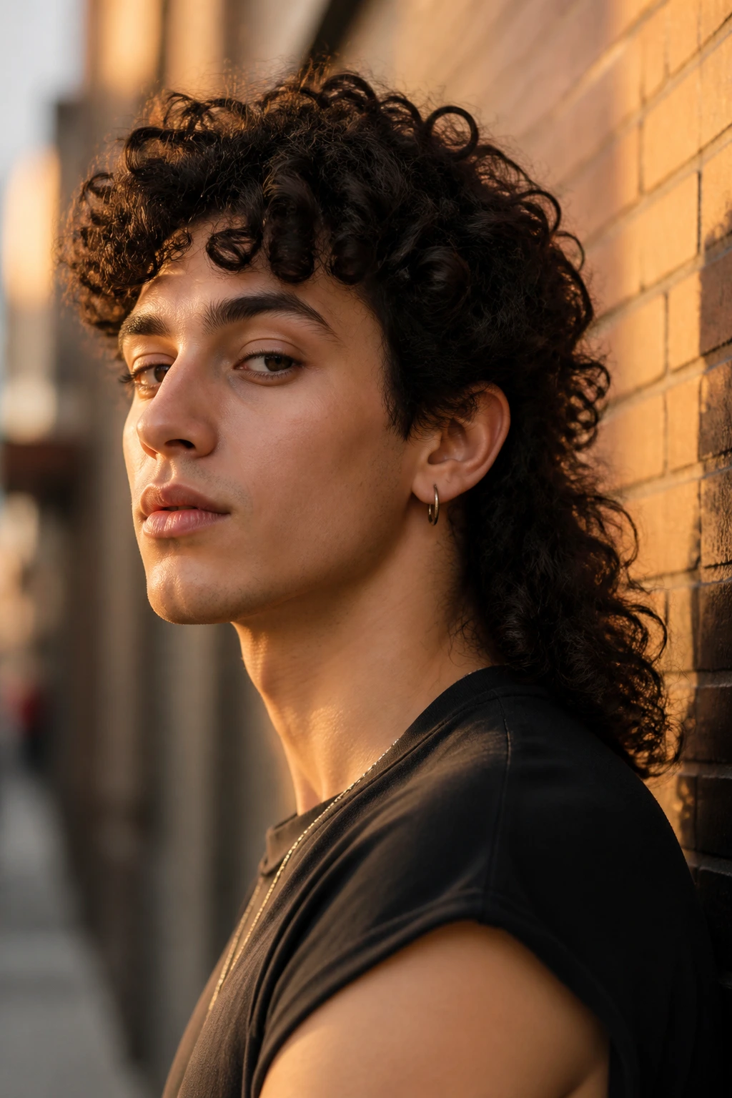 Portrait of person with curly mullet hairstyle