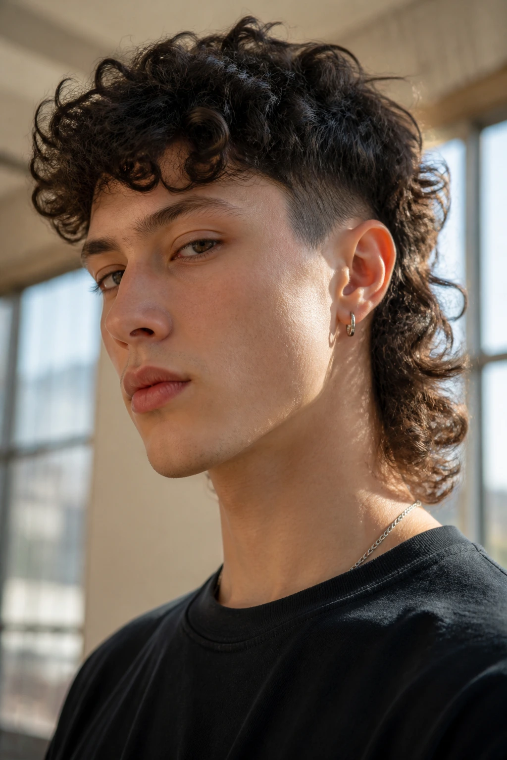 Portrait of a real person with a curly mullet: short sides, long back curls