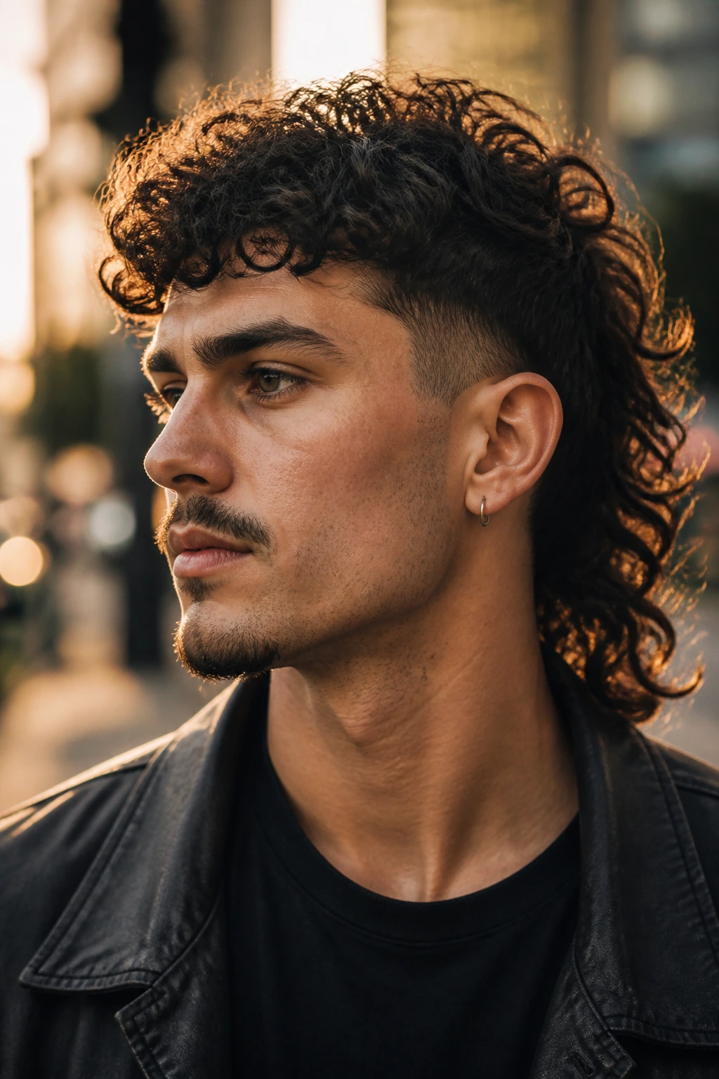 Medium close-up of a man with a curly mullet against a golden-hour city backdrop