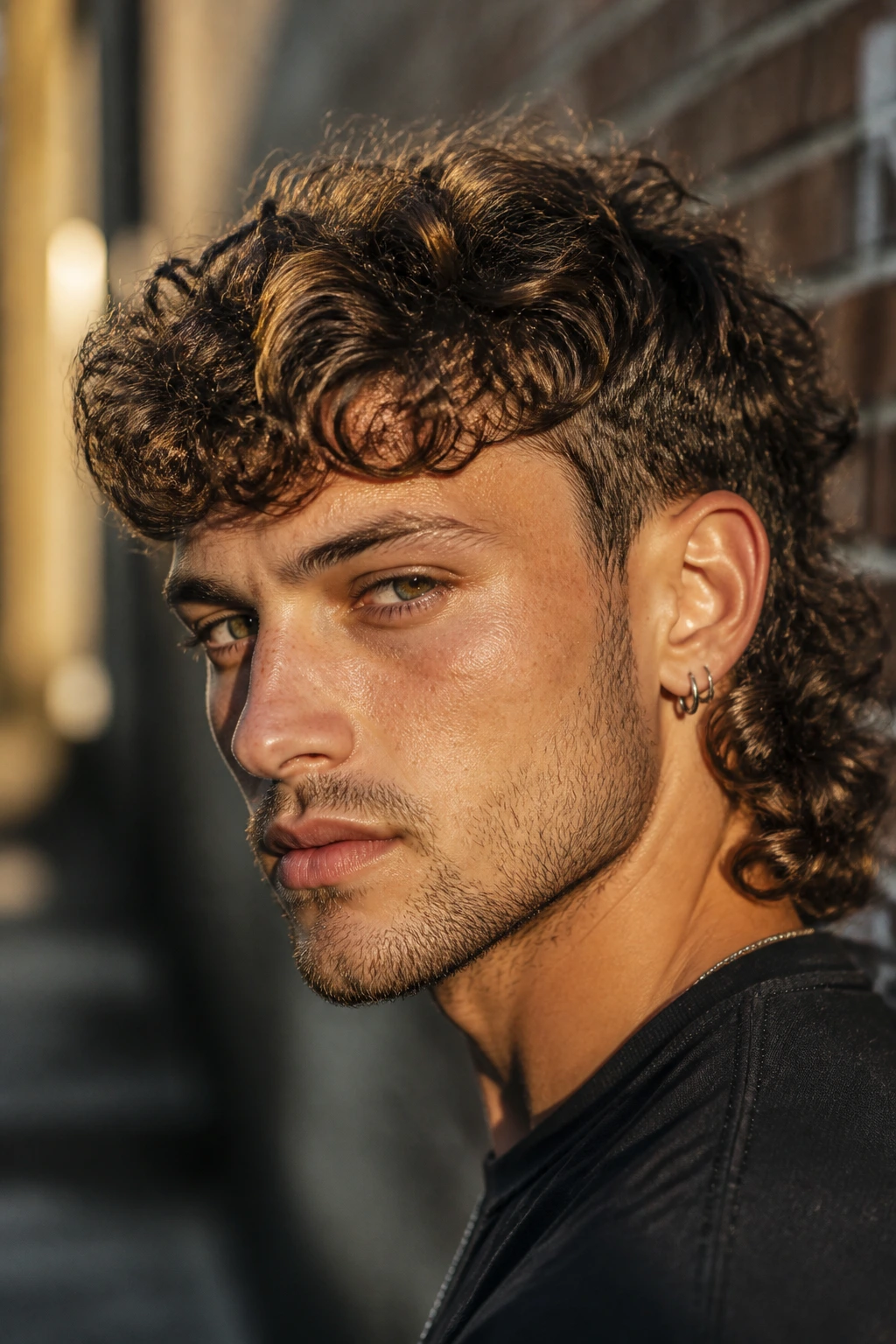 Close-up portrait of a real man with a curly mullet in an urban alley.
