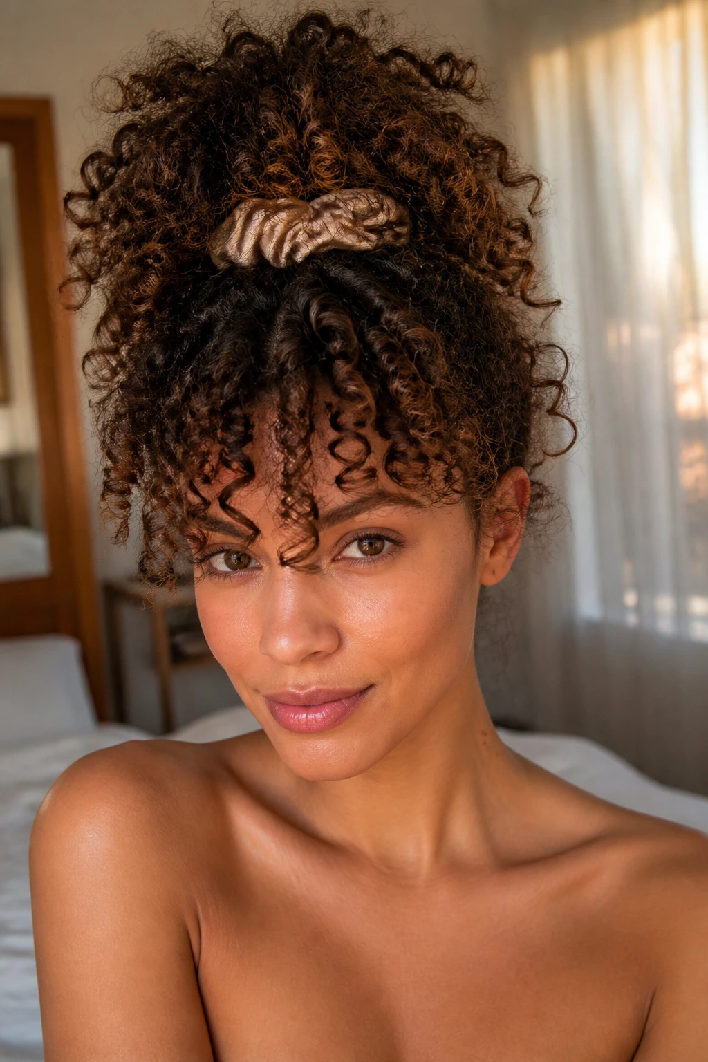 Close-up of a real woman with curly pineapple updo and fringe