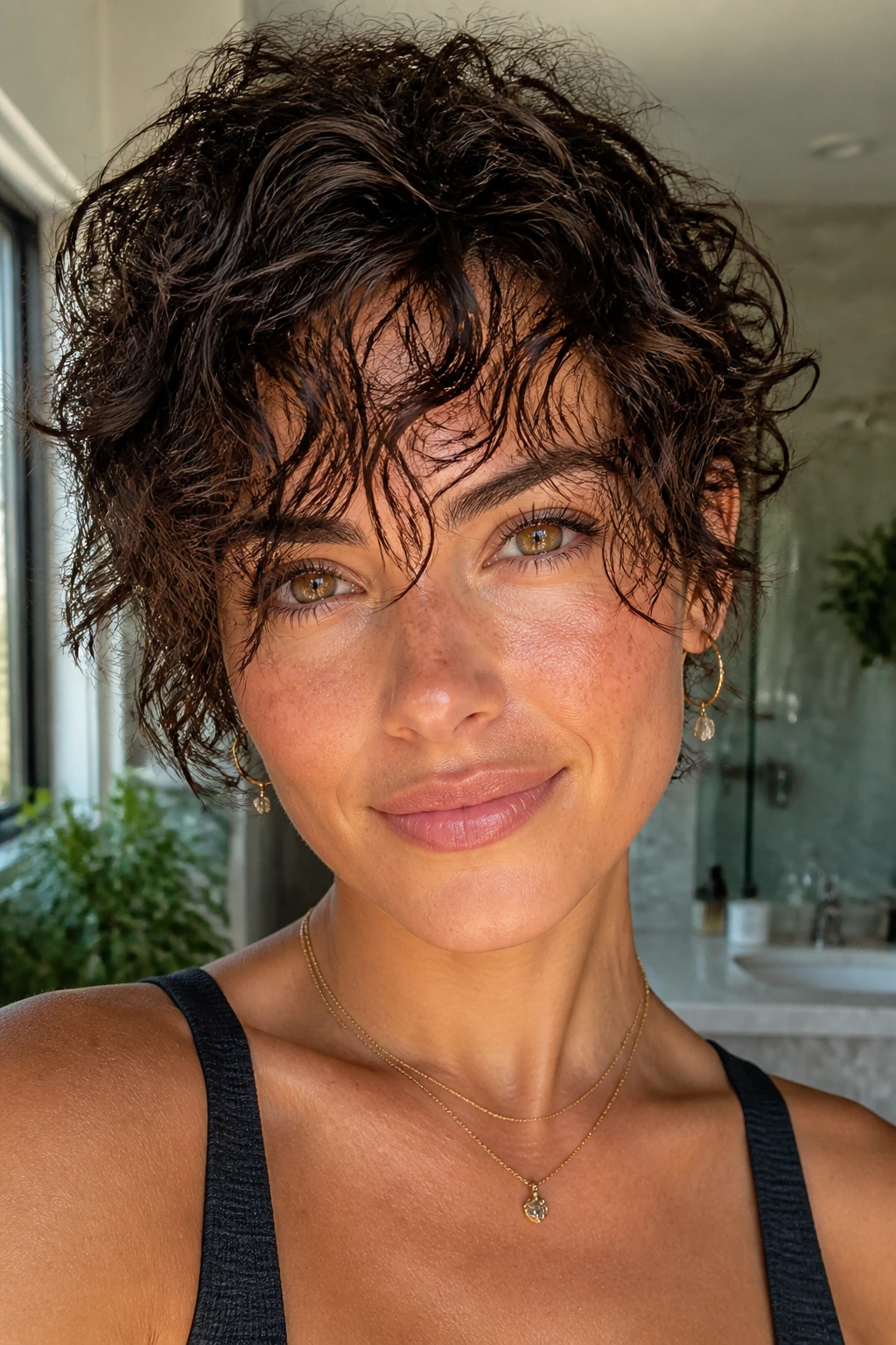 Close-up portrait of a woman with curly pixie and wispy long bangs in natural light