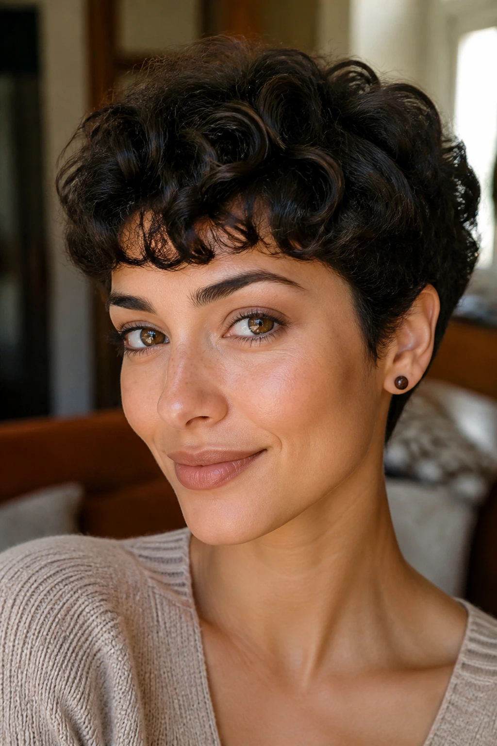 Close-up of a woman with curly pixie bangs in warm natural light.