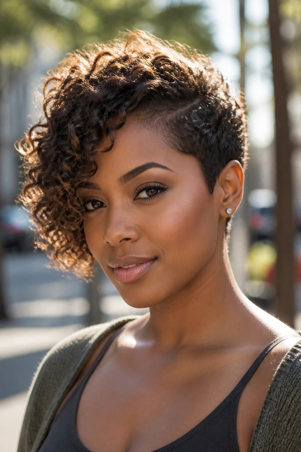 Portrait of woman with curly pixie-bob hybrid hairstyle