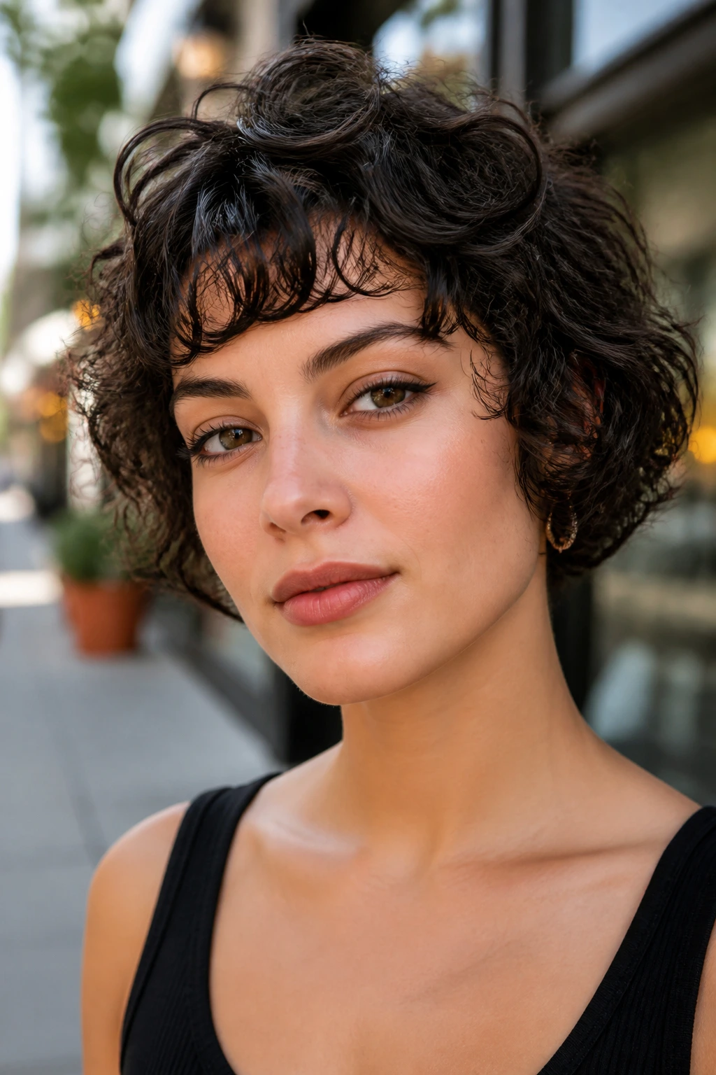 Close-up of a real person with a short curly pixie-bob hairstyle in daylight