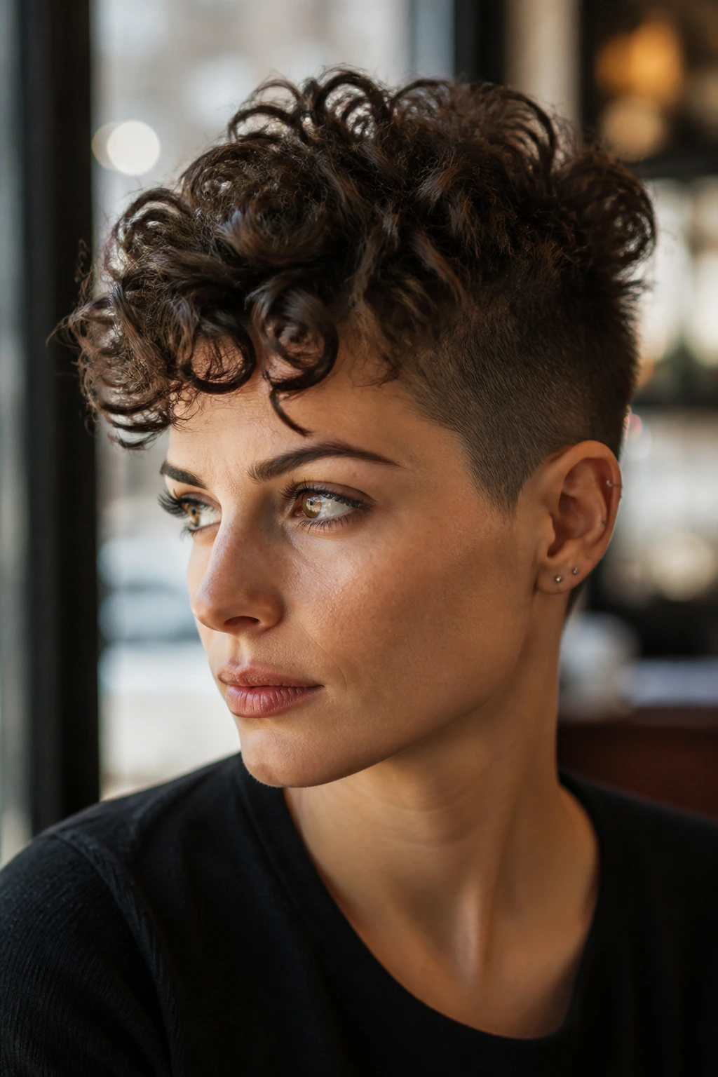 Close-up of a real woman with a curly pixie hairstyle and clipped sides lit by natural window light