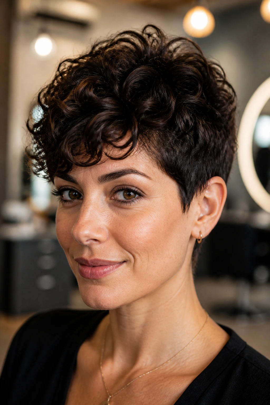 Close-up portrait of a woman with curly pixie cut.