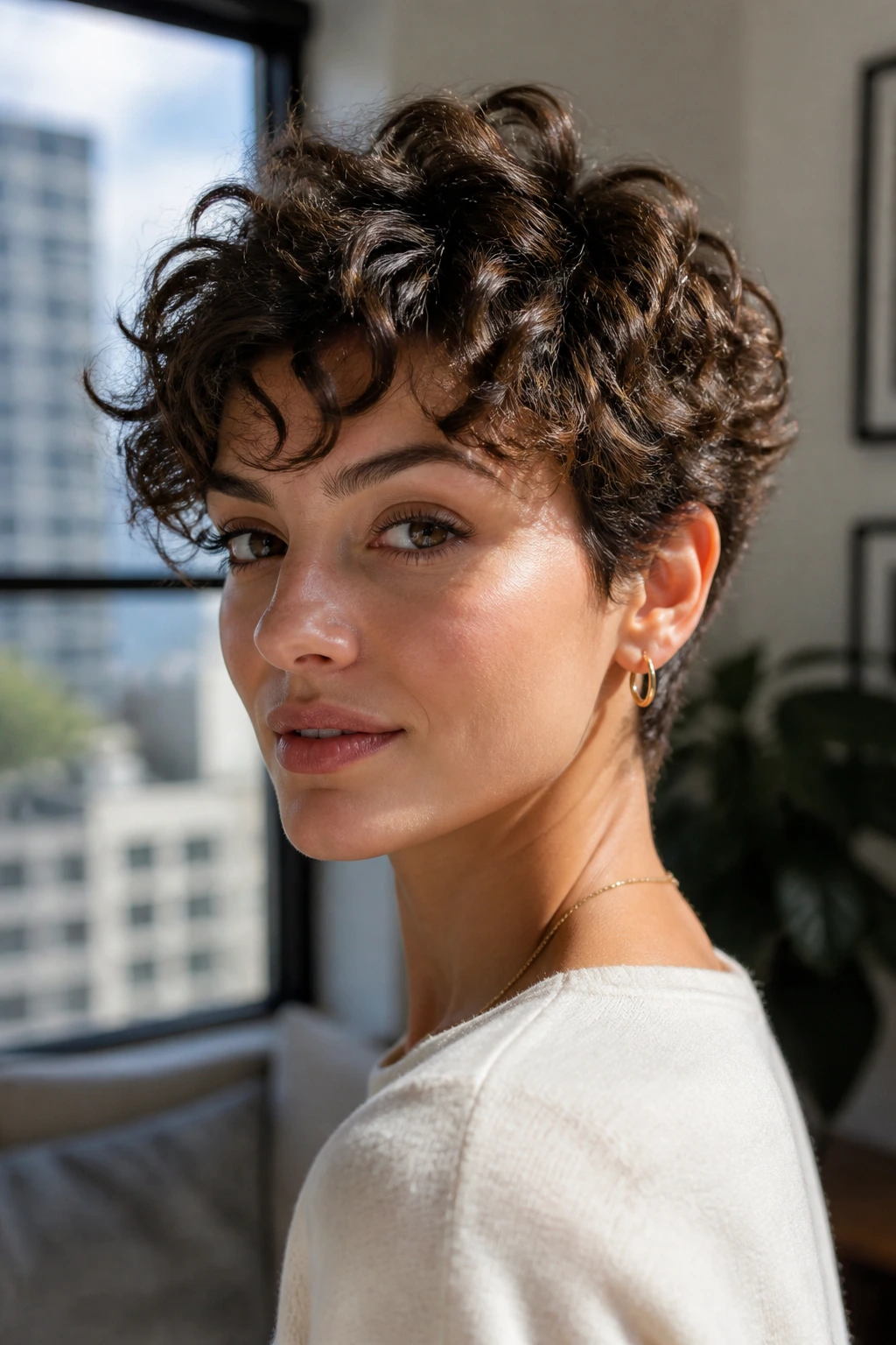 Close-up portrait of a real woman with a curly pixie cut highlighting cheekbones
